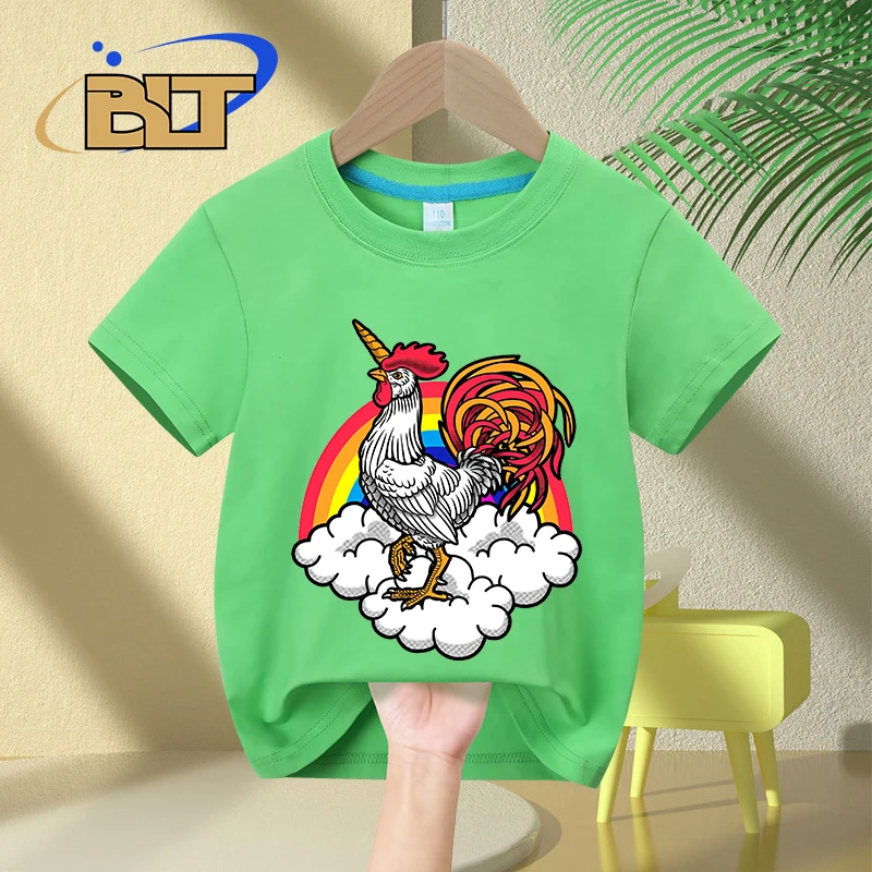 Unicorn Chicken Rainbow printed kids T-shirt summer children's pure cotton short-sleeved casual tops boys and girls gifts