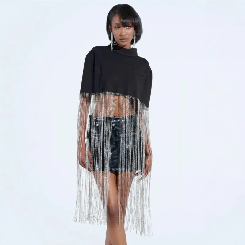 

2025 Новая модная женская сексуальная облегающая рубашка с бриллиантами и кристаллами, кисточками и цепочкой с коротким рукавом и открытой спиной для вечеринок и клубов