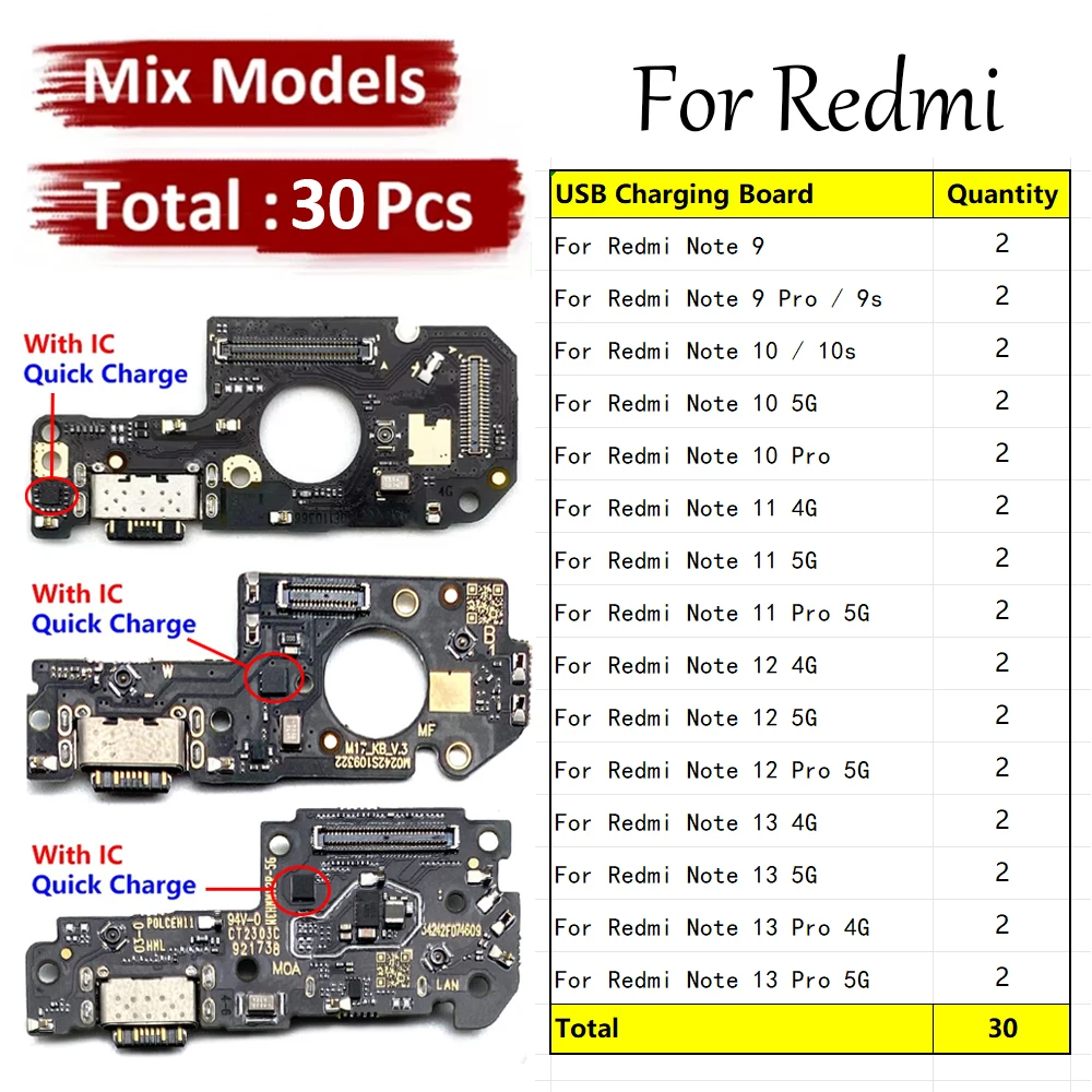 30Pcs, USB Charging Board Port Dock Charger Connector Board Flex Cable For Xiaomi Redmi Note 9 9s 10 10s 11 12 13 Pro 4G 5G