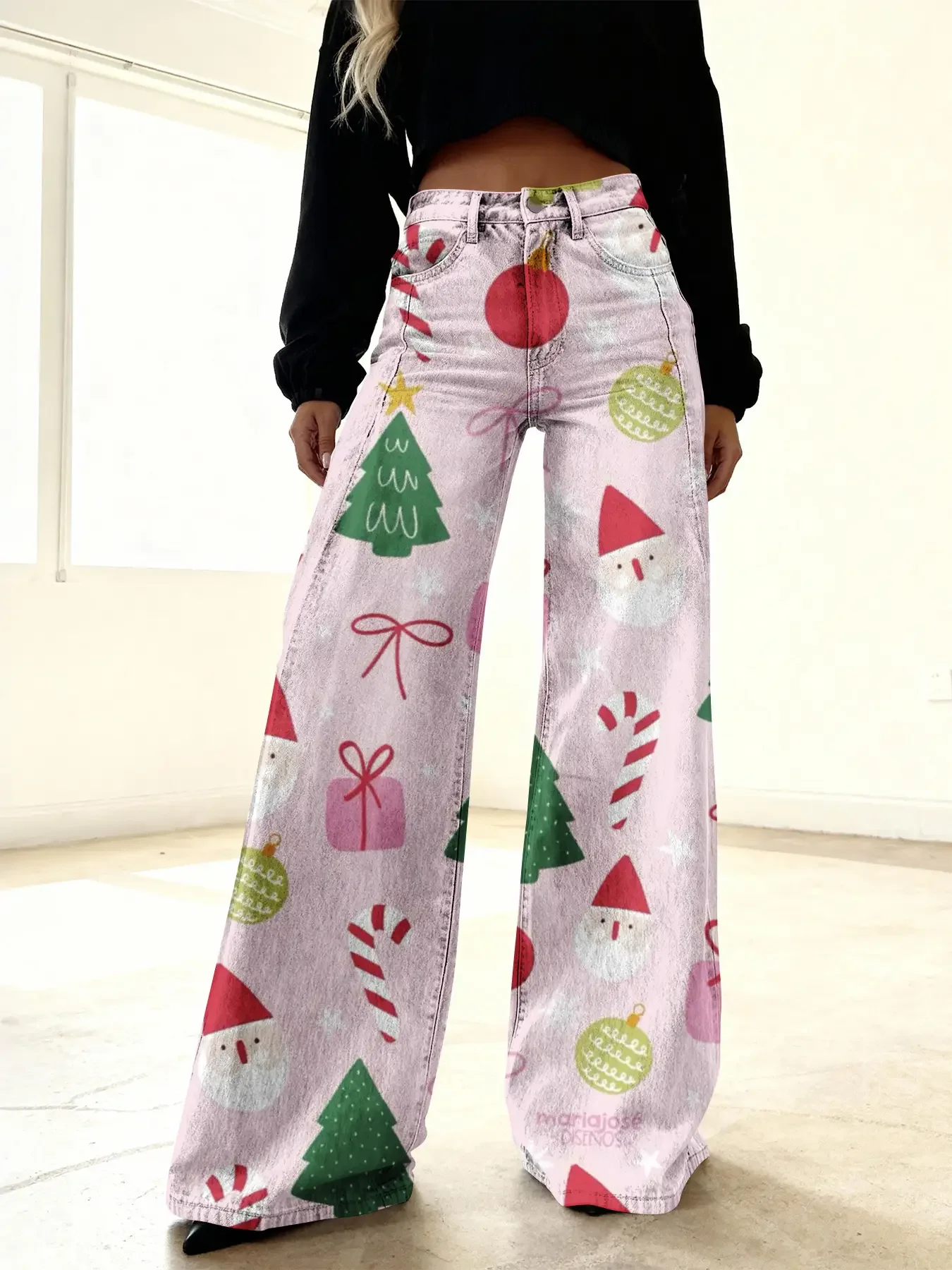 Christmas women's imitation denim printed high waisted flared pants, sweet and cute, Ladies' style color block fashion