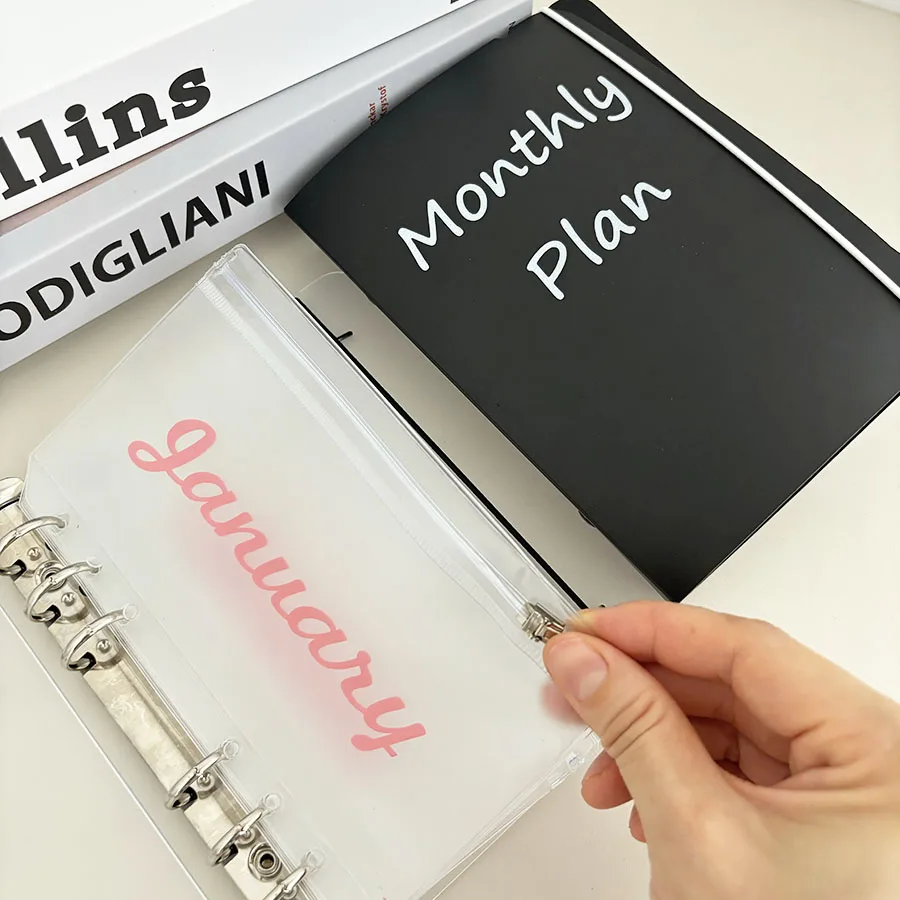 A6 Loose Leaf Monthly Zipper Bag Cash Budget Envelope Binder Ticket Receipt Storage Bag Wealth Management Gift Set 1 cover + 12