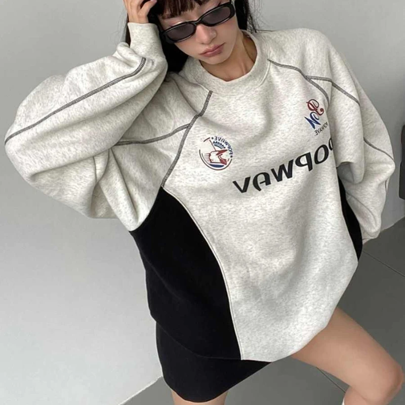 Deeptown Y2k Gray Vintage Hoodies Women Letter Print Patchwork Pullovers Korean Fashion Sweatshirts Oversized Hip Hop Streetwear