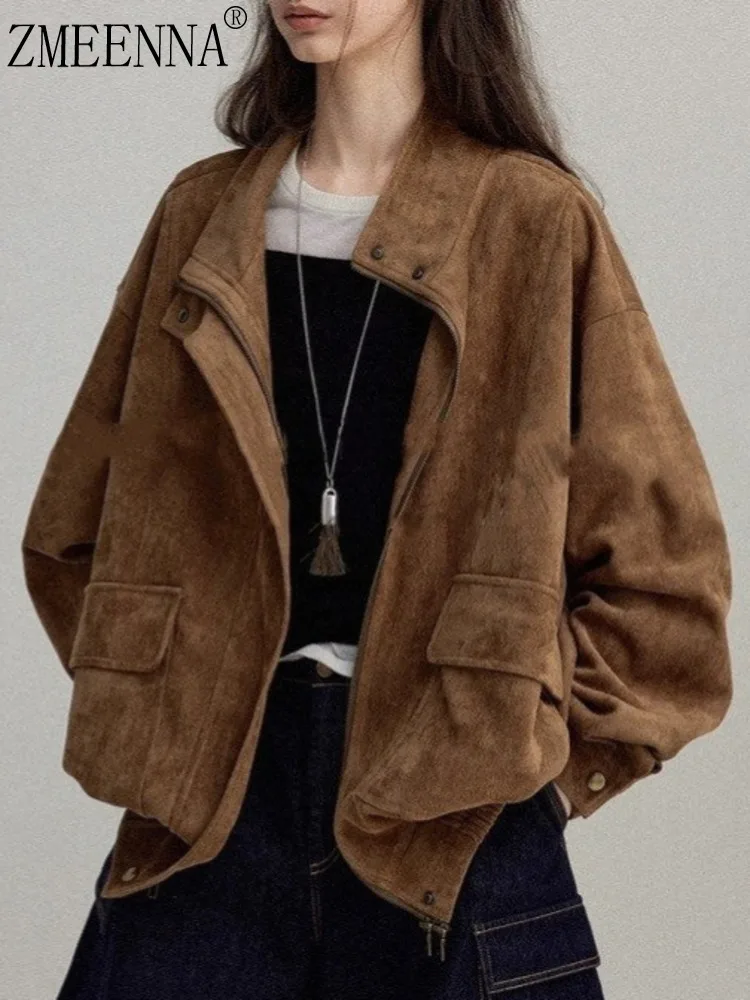 

ZMEENNA Women's Faux Suede Brown Zip-Up Jacket With Pockets Chic And Casual Outerwear For Fall Stylish Lightweight ZM3788