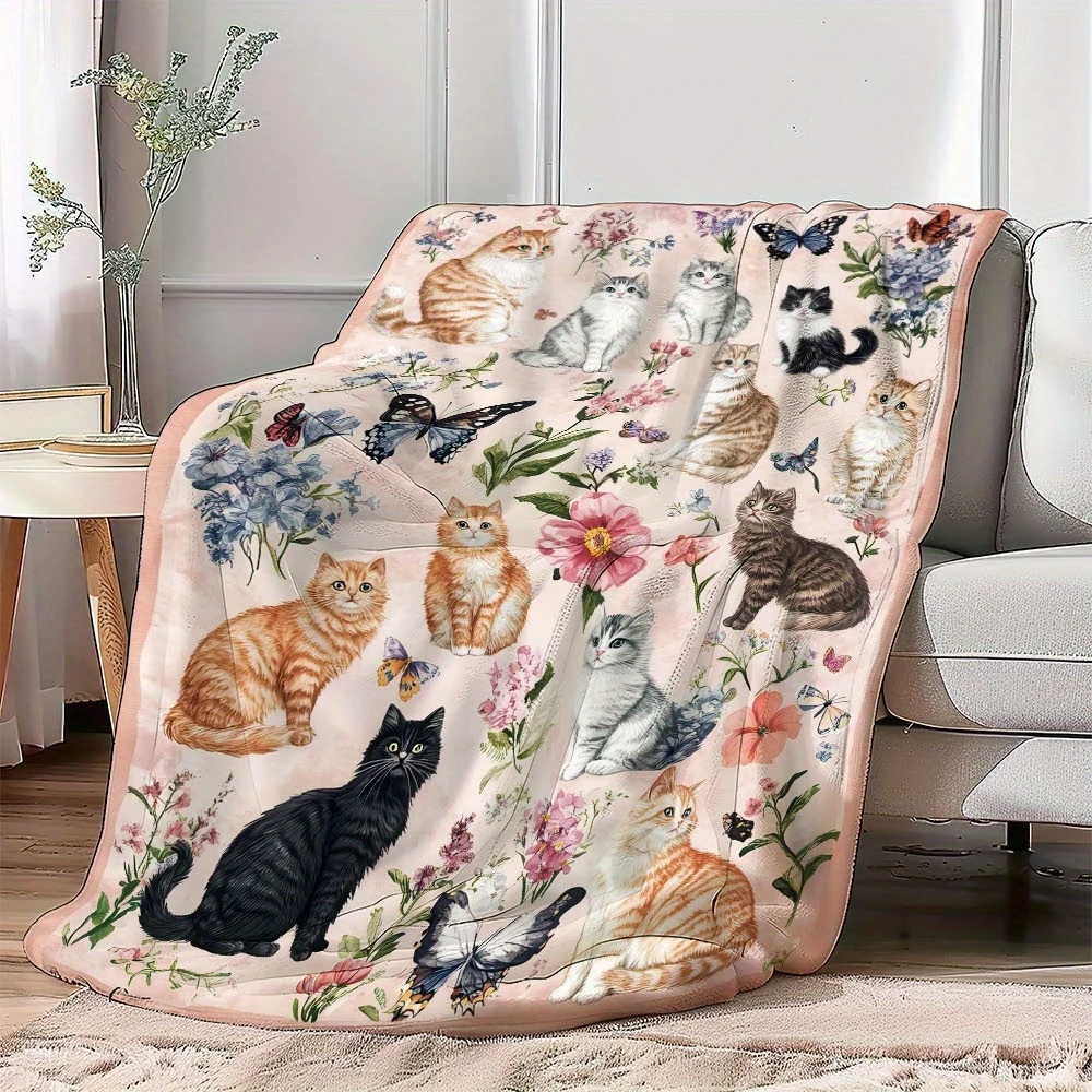 VIKAMA Vintage Floral Kitten Fleece Blanket Watercolor Cat Butterfly Print Sofa Throw Farmhouse Home Bed Cover