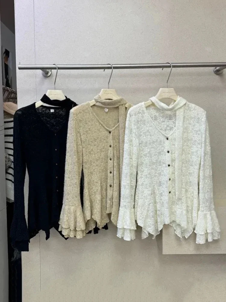 Camicia a maniche lunghe con volant in pizzo autunnale da donna coreana sexy scollo a V monopetto top femminili elegante streetwear camicetta scavata