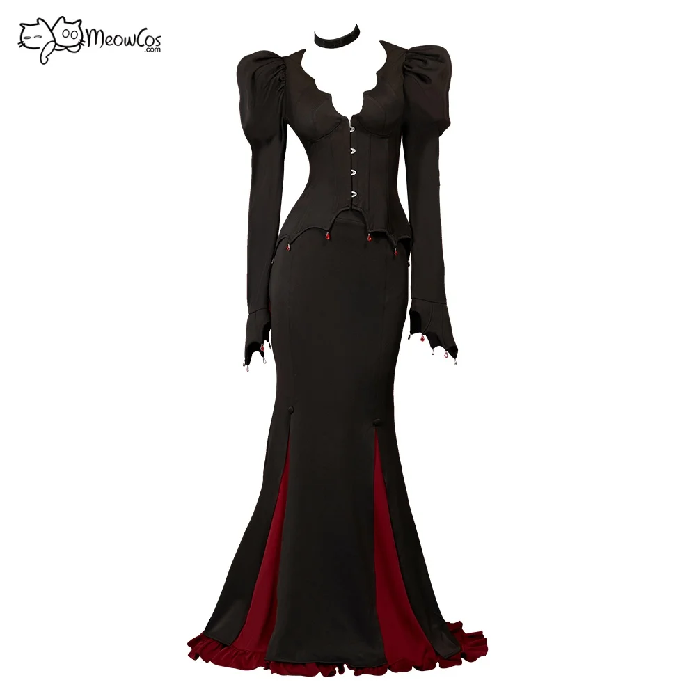 MEOWCOS Women Vintage Bat Corset Top with Pendants and Slit Skirt Set Puffy Long Sleeves Top and Fishtail Skirt Vampire Costume