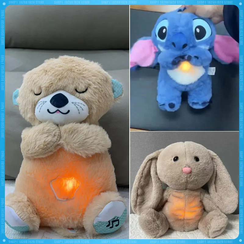 Disney Stitch-oso de peluche calmante para bebé, muñeco musical relajante para dormir, con sonido y luz, regalo para niños