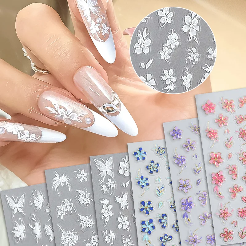 Autocollants 3D fleur blanche pour Nail Art, 1 pièce, curseur adhésif Floral mignon, décalcomanies de décoration, breloques pour ongles, accessoires adhésifs, DIY bricolage