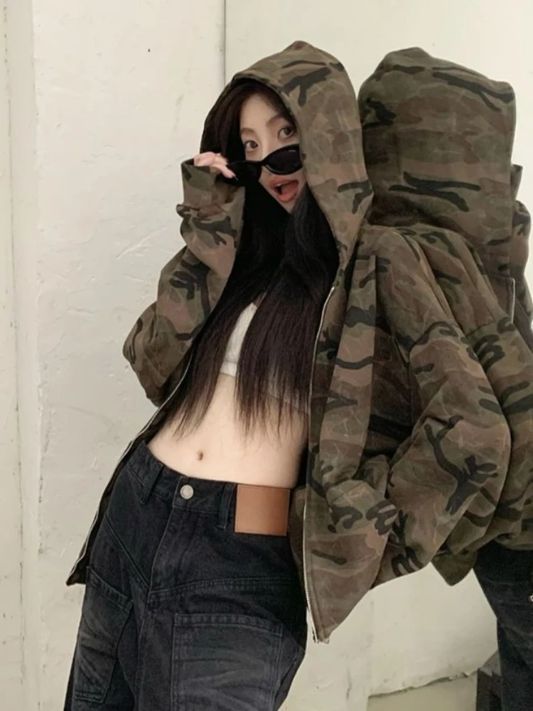 American Retro Style Camouflage Hooded Sweatshirt Women Autumn Casual Slim Fit Zipper Jacket Aesthetic Grunge Subculture Coat