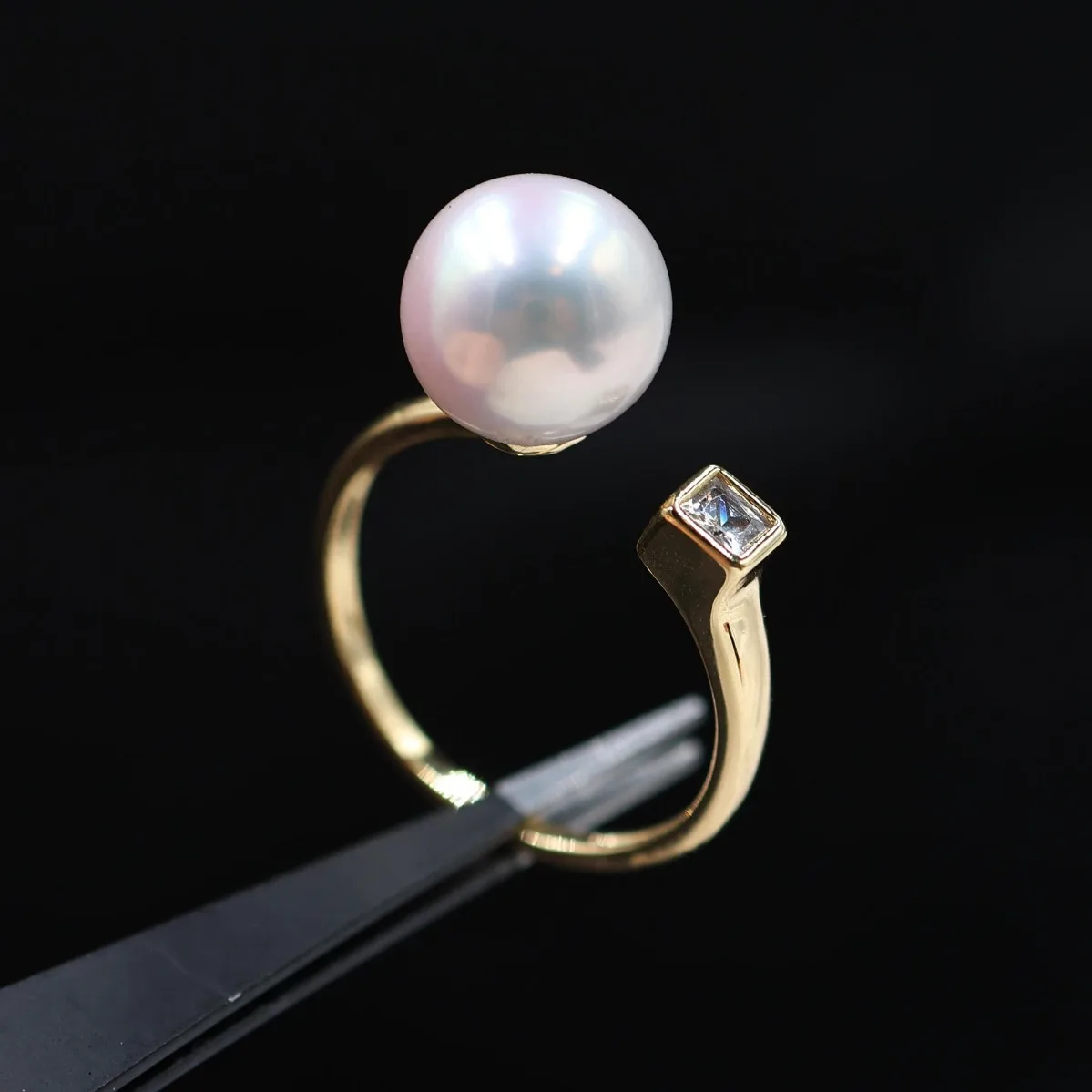 Women Brass 14K Gold Plated Single‑CZ Adjustable Open Ring Blank Setting Handmade Findings For 7‑10mm Round Flat Pearl DIY Ring