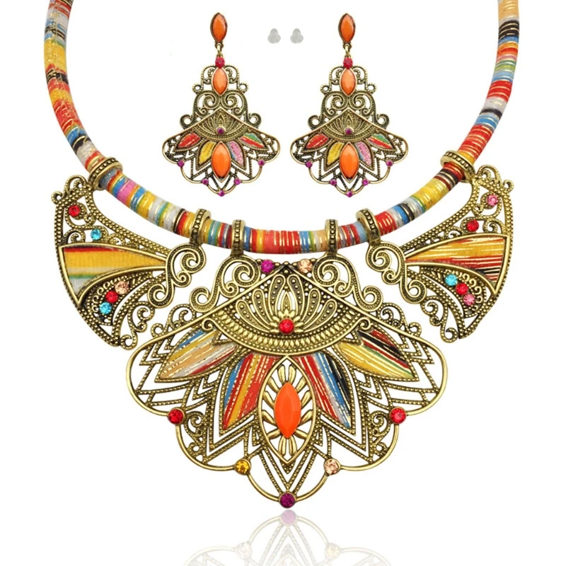 

Bohemian Necklace Earring Set Chunky Enamel Multicolor Pendant Vintage for Rhinestone Ethnic Choker Necklace Eardrop Dan