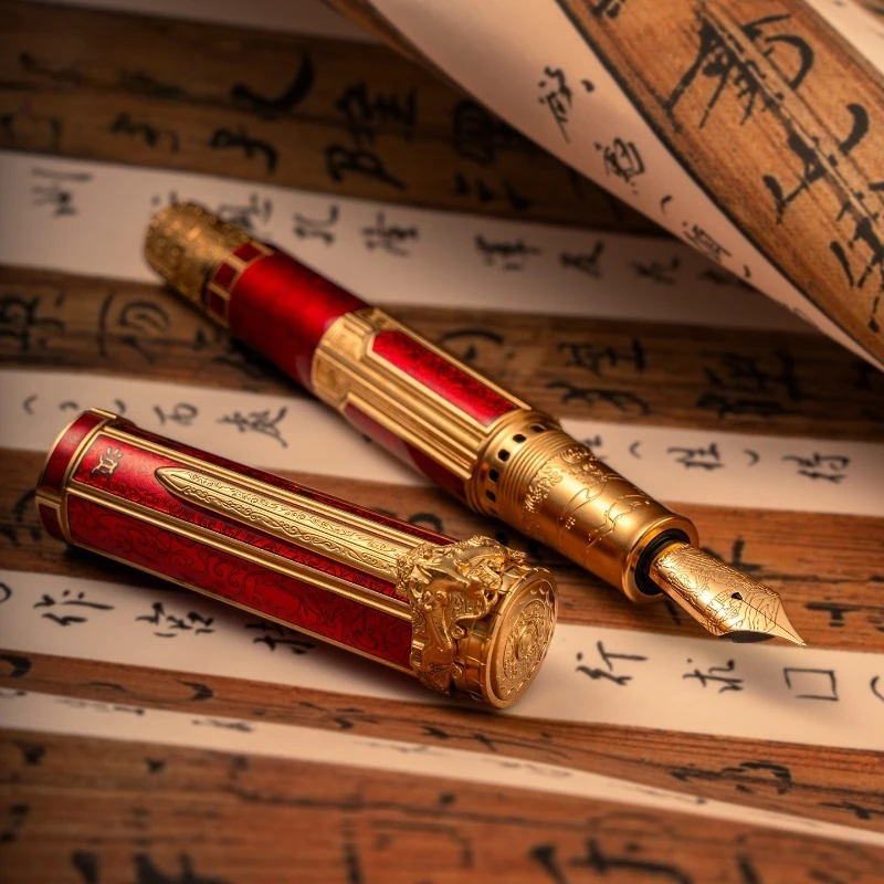 

Dynasty Series Han D6 Steel Pointed Fountain Pen with Unique Design Gift Giving Collection Signature Red Metal Piston Ink Pen