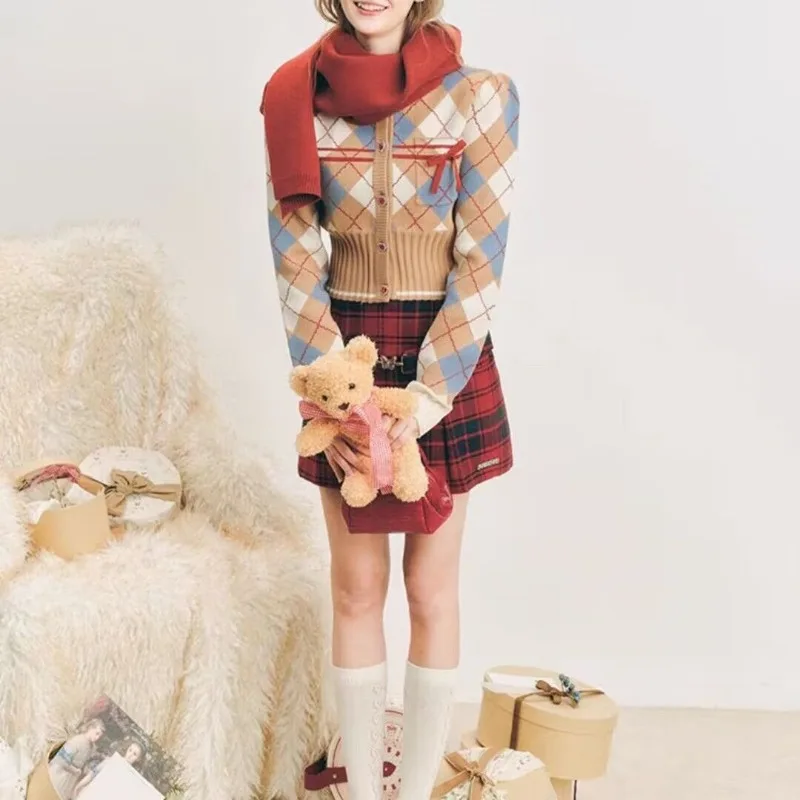 

Contrast Color Rhombus Love Button Cardigan Sweater Jacket for Women Korean Style Knitted Top