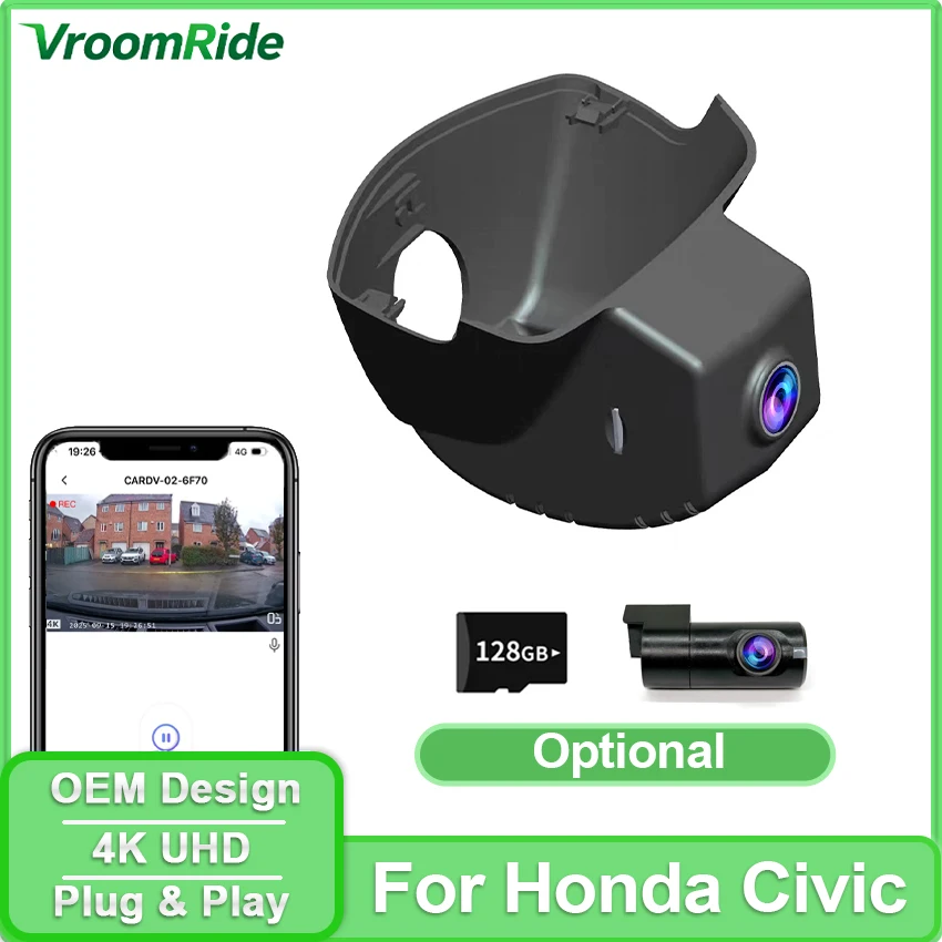 

Видеорегистратор 4K UHD 2160P для Honda Civic 2022-2026, Plug and Play, с ночным видением и управлением через приложение
