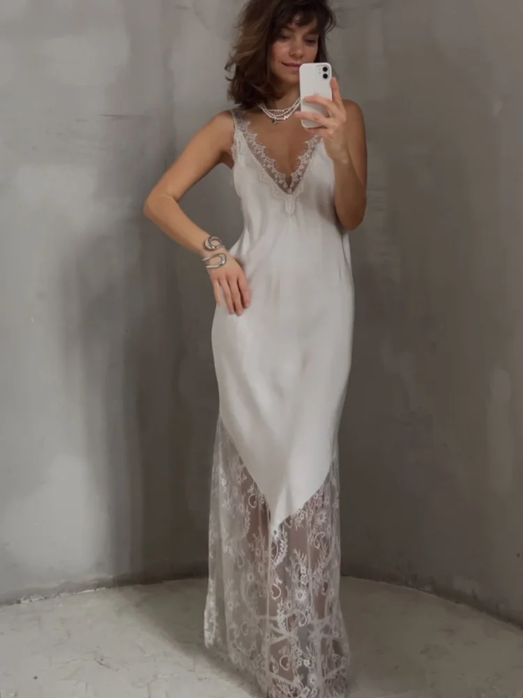 

Сексуальное атласное мини-платье с кружевными вставками, модное, без рукавов, с открытой спиной, V-образным вырезом, свободного кроя, длинное