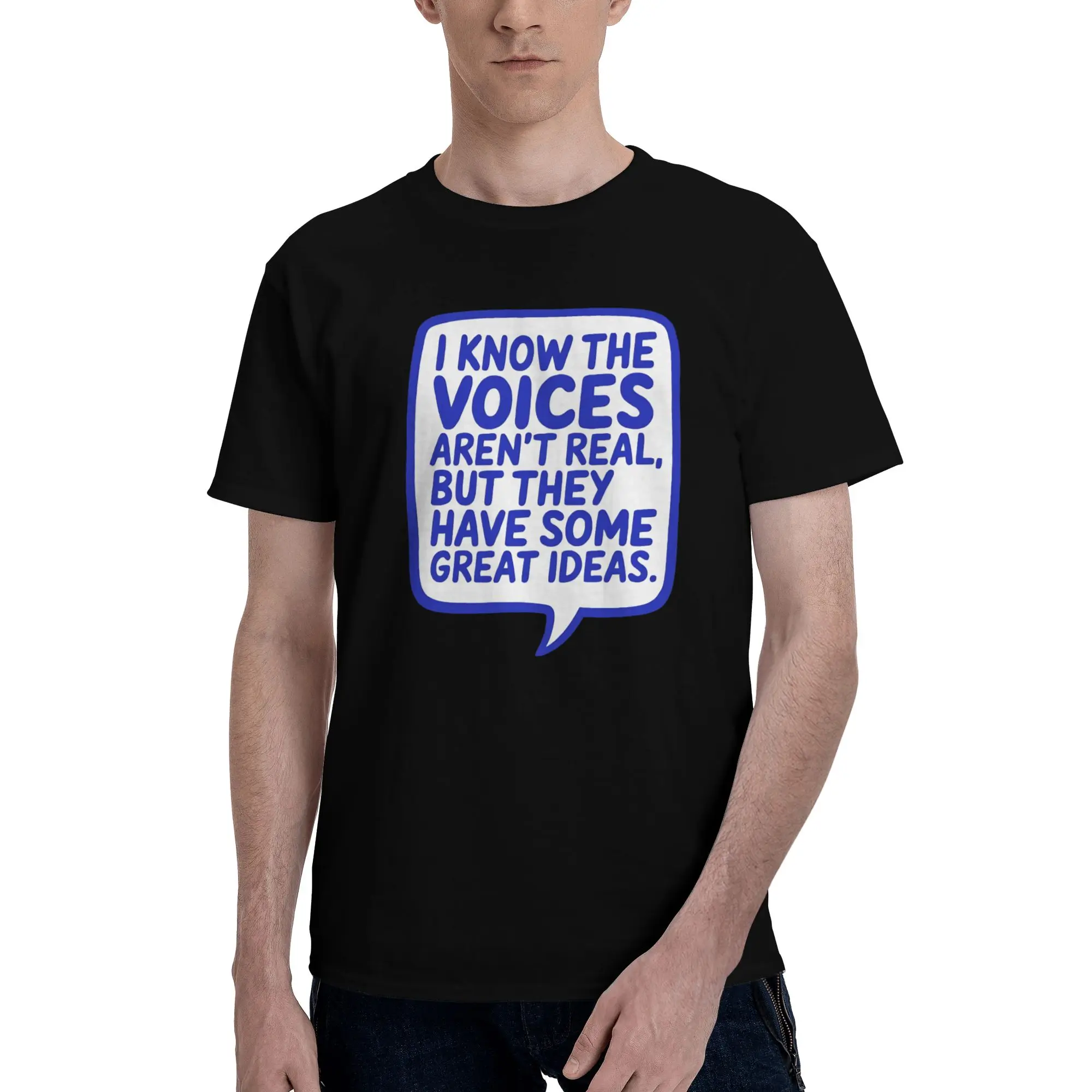 1 Piece Blue Funny 100% Cotton T-Shirt I Know The Voices Aren't Real Tees Tops For Men