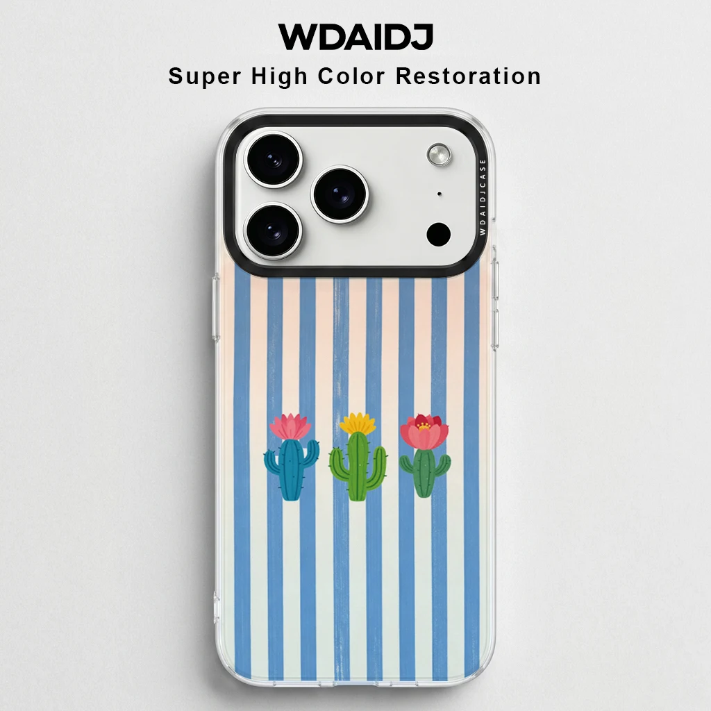 

Cartoon Cactus Print Clear Phone Case for iPhone 13 14 15 16 17 Striped Pattern Anti Yellow Shockproof Protective Cover
