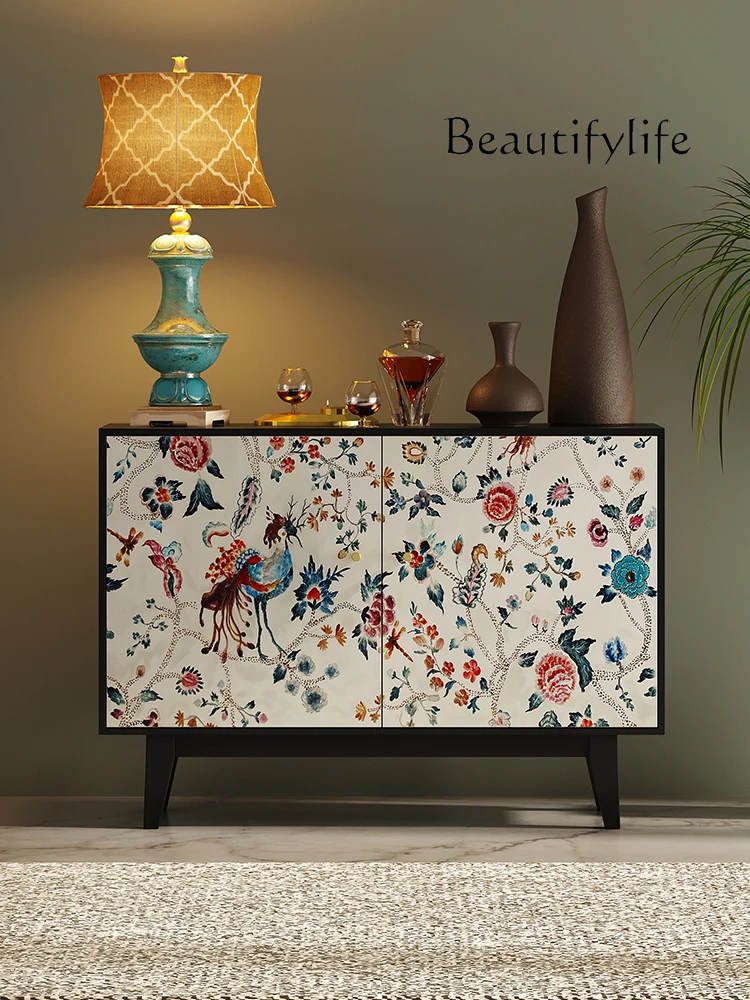 French Retro Painted Flowers and Birds Art Entrance Cabinet Modern Home Living Room Wall Storage Curio Cabinet