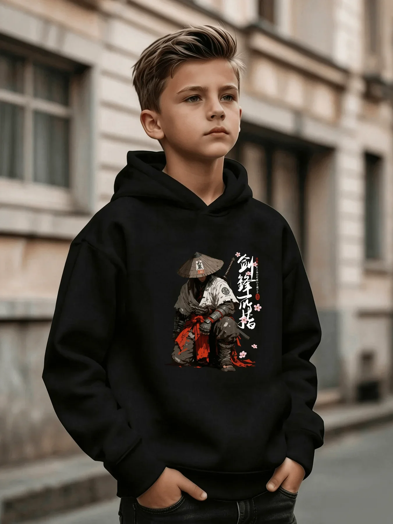 Kids Warrior Graphic Hoodie Autumn Winter Fleece Lined Warm Japanese Style Character Print Casual Pullover Hooded Sweatshirt