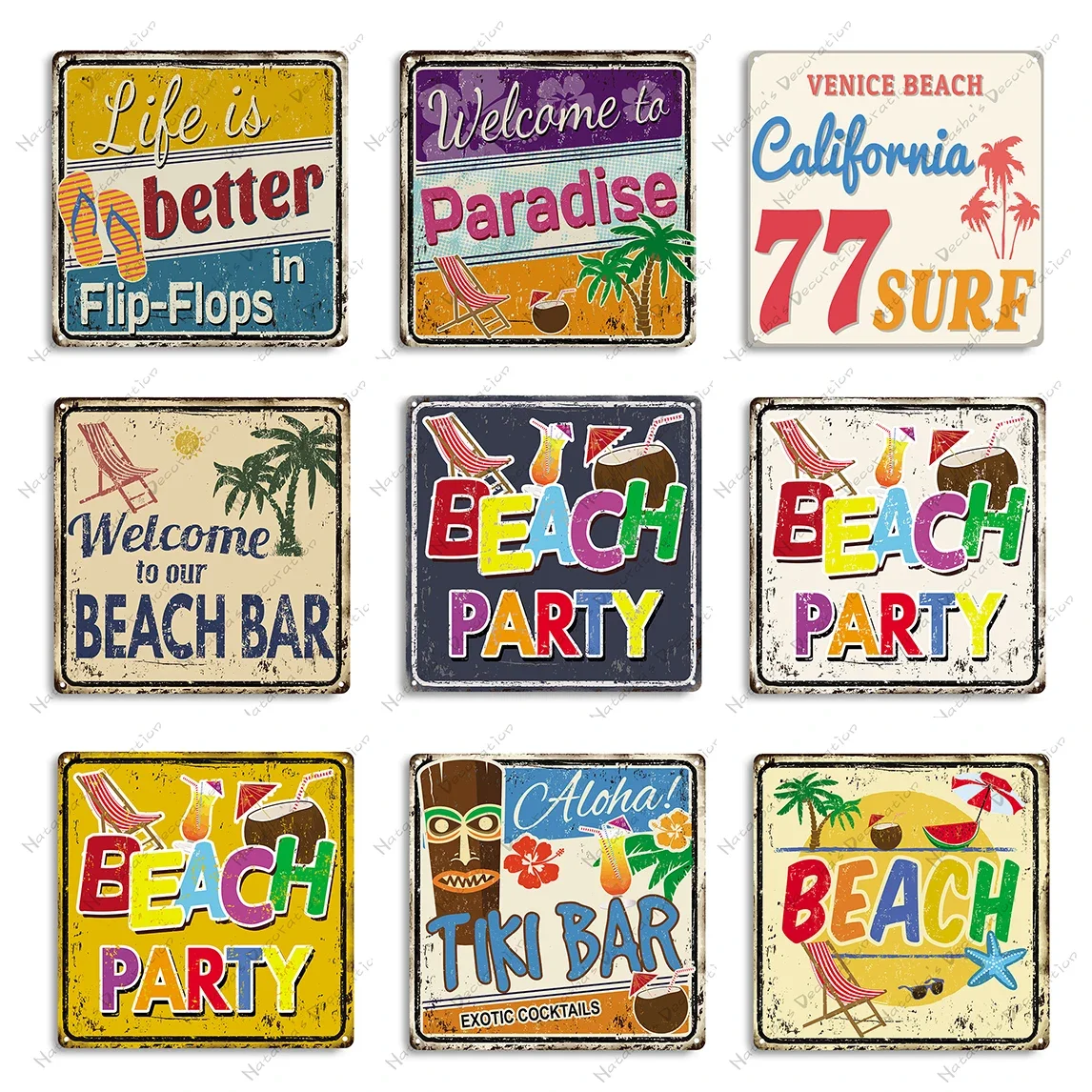 Beach Metal Tin Sign Summer Painting Retro Poster Metal Plaque Wall plate Surfing Club Pub Bar Home Wall Decor Signs