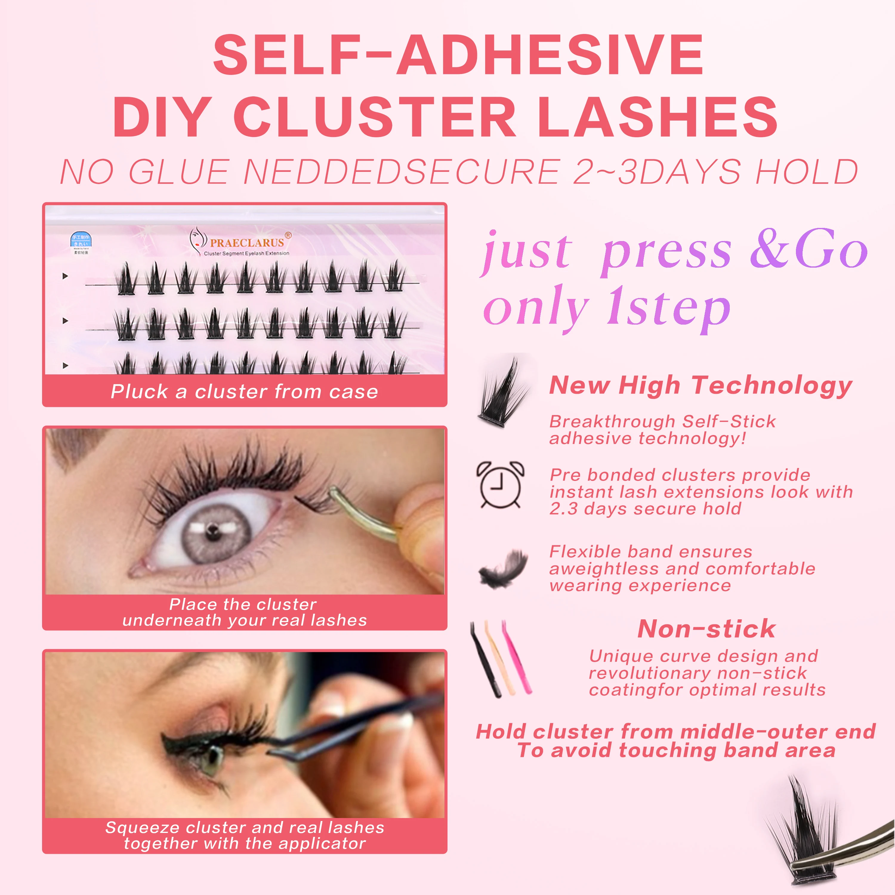 [No Need Glue]PRAECLARUS 3D Fluffy False Eyelash Reusable and Natural Eyelashes Glue-free Eye Lashes With Adhesive Diy Lahses