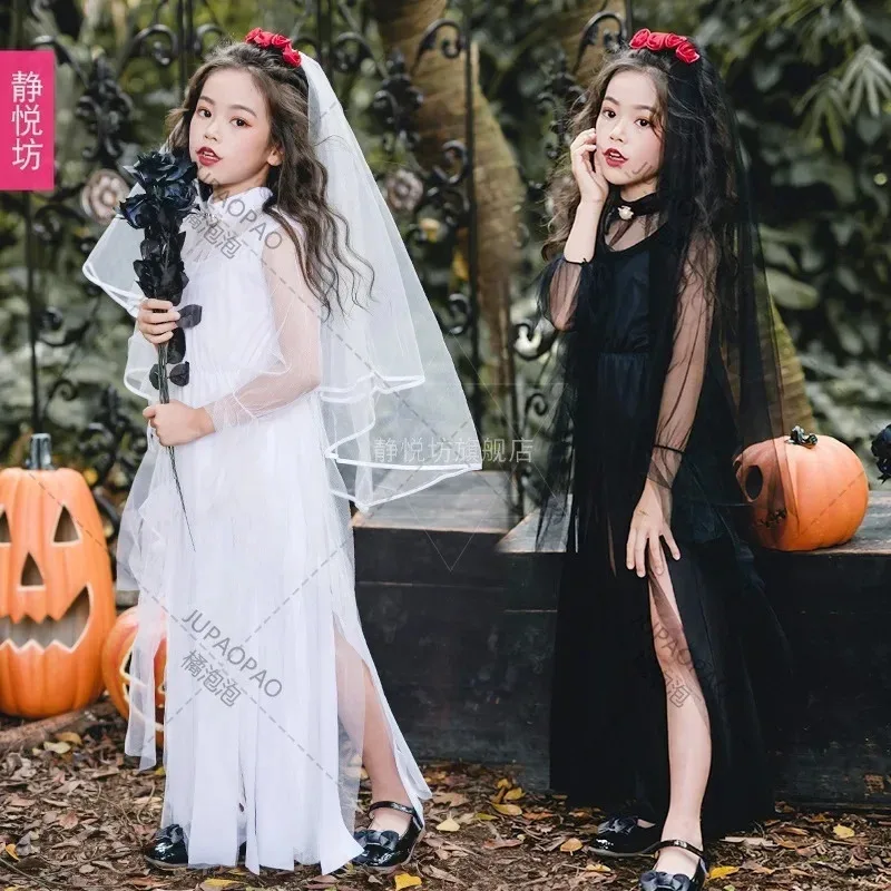 

HAni 2025 Ghost Bride Zombie Dress Halloween For Kids Girls Black White Witch Costume Dark Devil Ghos ☆★ww