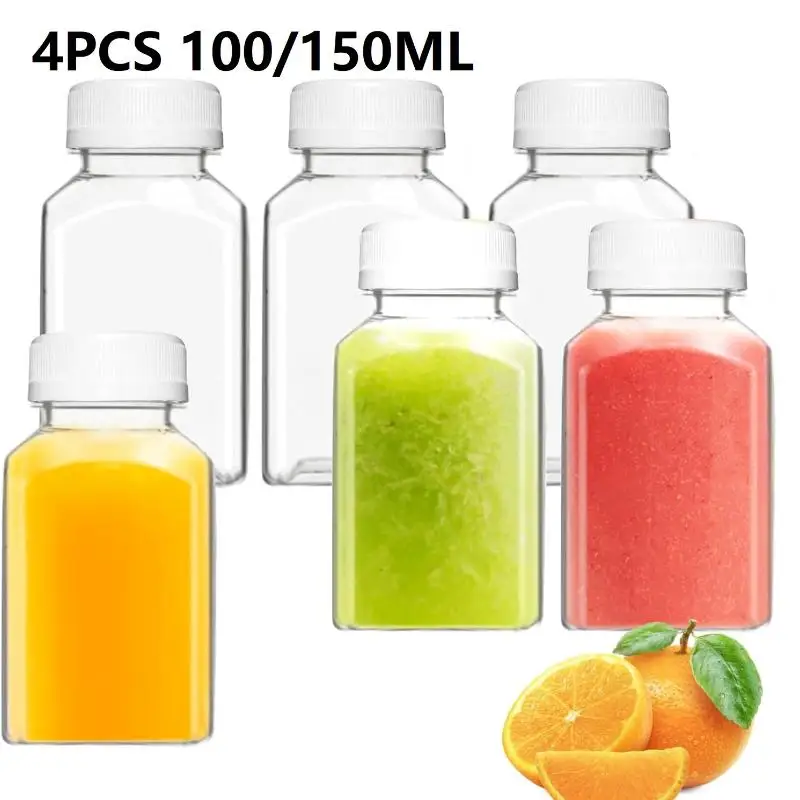 100/150ML Square Plastic Empty Drink Bottle Tamper Proof Lid Juice Milk Portable Container 4Pcs