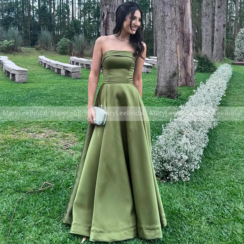 Simple A-line Bridesmaid Dresses Strapless Olive Green Satin Lace Up Back Wedding Party Gowns Customized Full Length Maid Dress