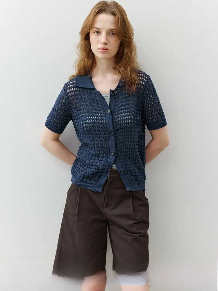 

Pure Cotton Knitted Shirt Single Button Hollow out Design Casual Style Women's Top Summer New Arrival Layering Capabilities