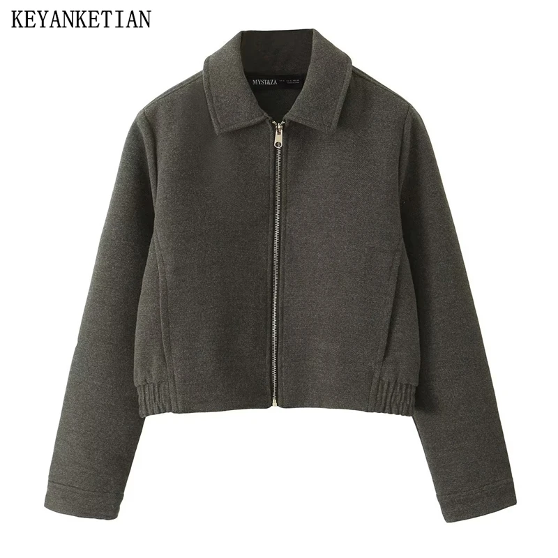 KEYANKETIAN 2024 Autumn/Winter New Women's Dark Green Short Wool Coat Retro style Turn Down Collar Zipper Loose Greatcoat Blazer