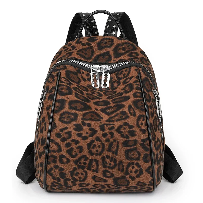 Mochila de nylon com estampa de leopardo 2025 alça macia de alta qualidade alça de ombro curvada mochila elegante bolsa simples e versátil