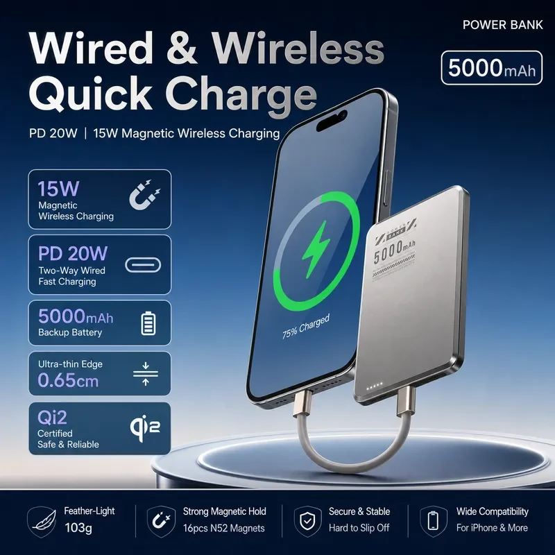 10000mAh Ultra Slim Magnetic Power Bank Qi2 Wireless Portable External Battery for for iPhone Huawei
