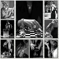 Modern Black White Fashion Women Doberman Spaniel Champagne Luxury Poster Canvas Paintings Wall Art Pictures Home Decor