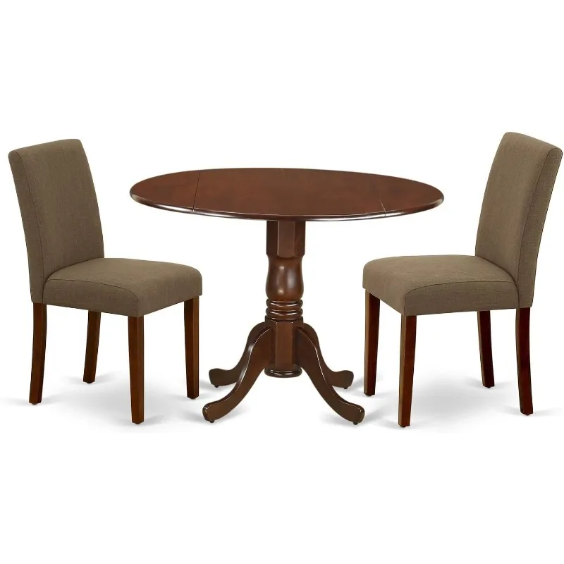 Modern and Retro 3 Piece Dining Set Contains A Round Dining Room Table with Dropleaf and 2 Coffee Linen Fabric Upholstered Chair