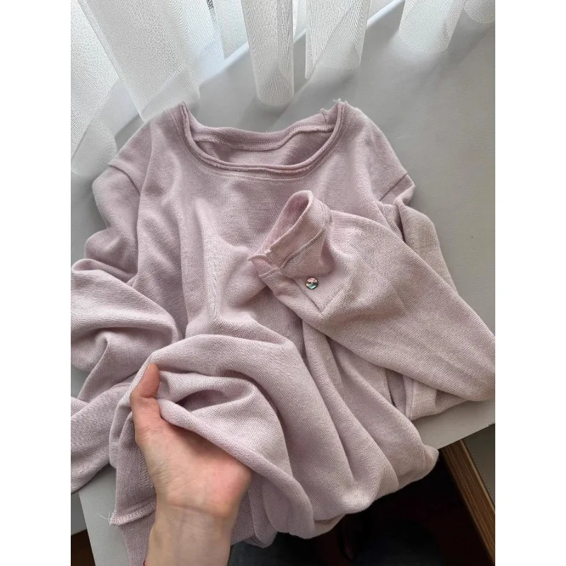 Blusa de manga larga de algodón con bordes sin rematar, de color rosa, para mujer, estilo coreano, ideal para el uso diario y como camiseta interior.