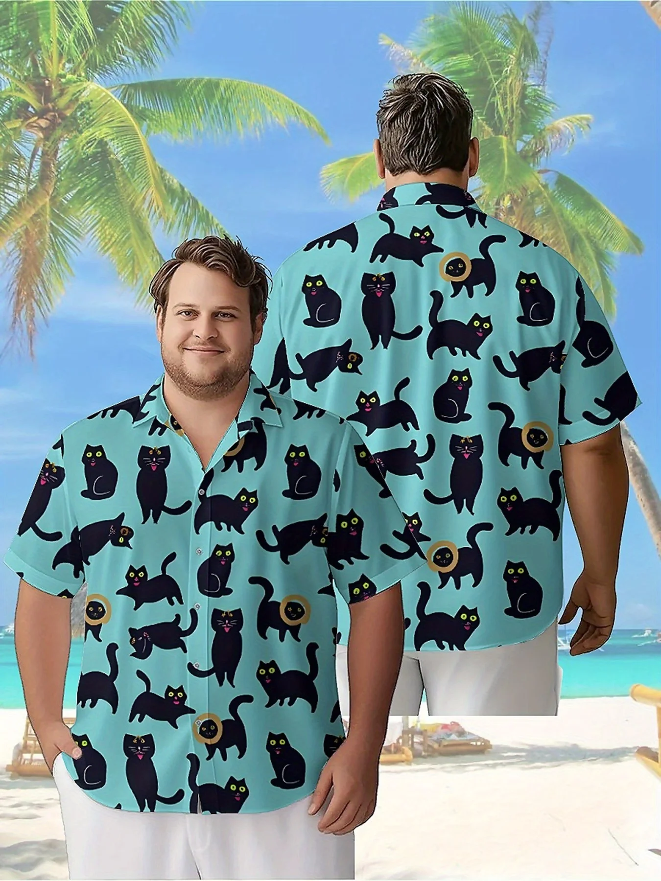 Men's Plus Size Hawaiian Shirts Black Cat Pattern, Summer Casual Tops, Outdoor and Party, Streetwear