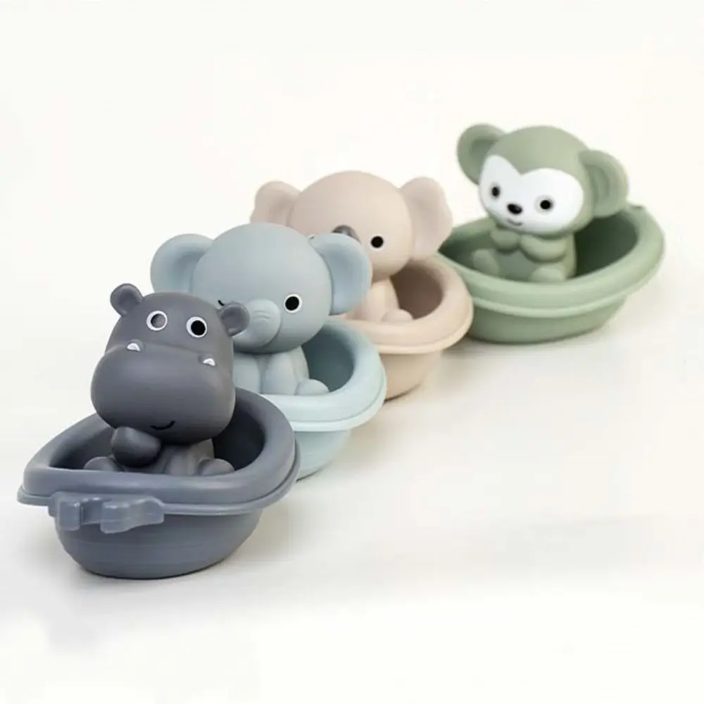 Burattino da dito Giocattoli da bagnetto per bambini Torre pieghevole Disegni di animali Giocattolo da doccia galleggiante Giocattoli per barche impilabili in silicone per la prima educazione