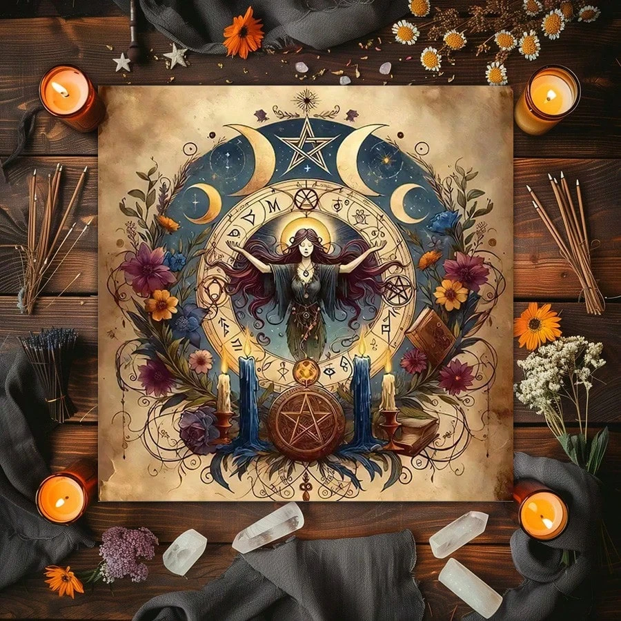 1PC Mysterious Tarot Altar Tablecloth with Golden Occult Design, 100% Polyester, for Divination Witchcraft Astrology Halloween