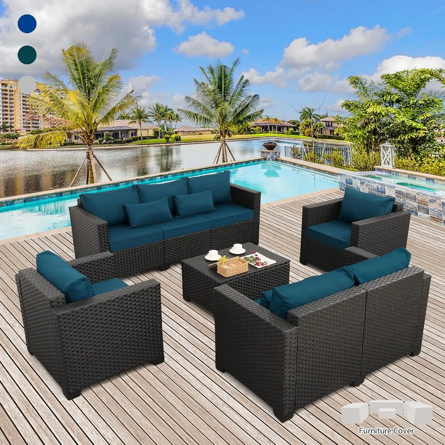 5 Pieces Outdoor Patio Sofa Set Wicker Rattan Couch Chairs Coffee Table Anti-Slip Cushions Waterproof Covers, Customized