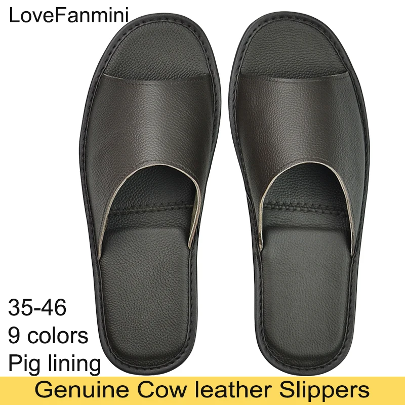 Genuine Cow Leather Slippers Homes in indoor slipper summer open toe sandals men women elderly casual single Slides shoes