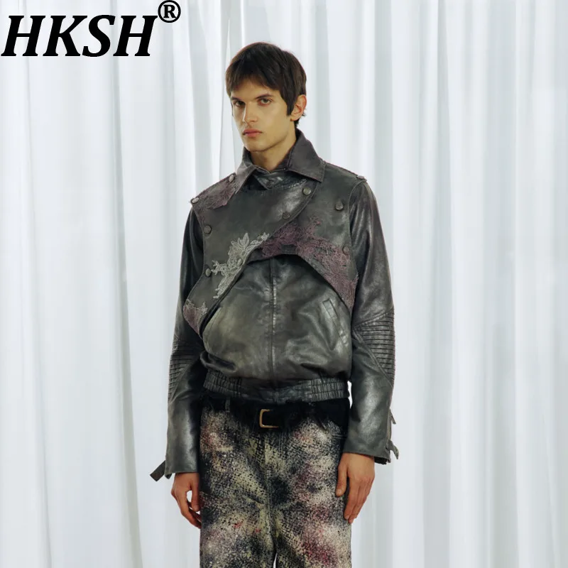 HKSH Spring Autumn New Men Tide Dark Soft Washed Faded Distressed Pleated Armor-Inspired Turn Down Collar Leather Jacket HK26447