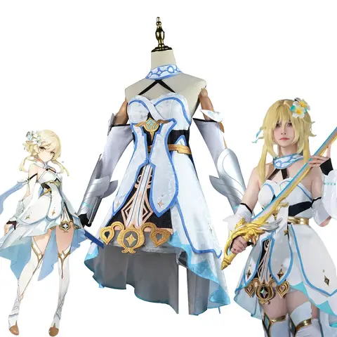 Genshin Impact Lumine Disfraz de cosplay Conjunto completo con peluca y vestido para mujer Traje de viajero de juego de Halloween