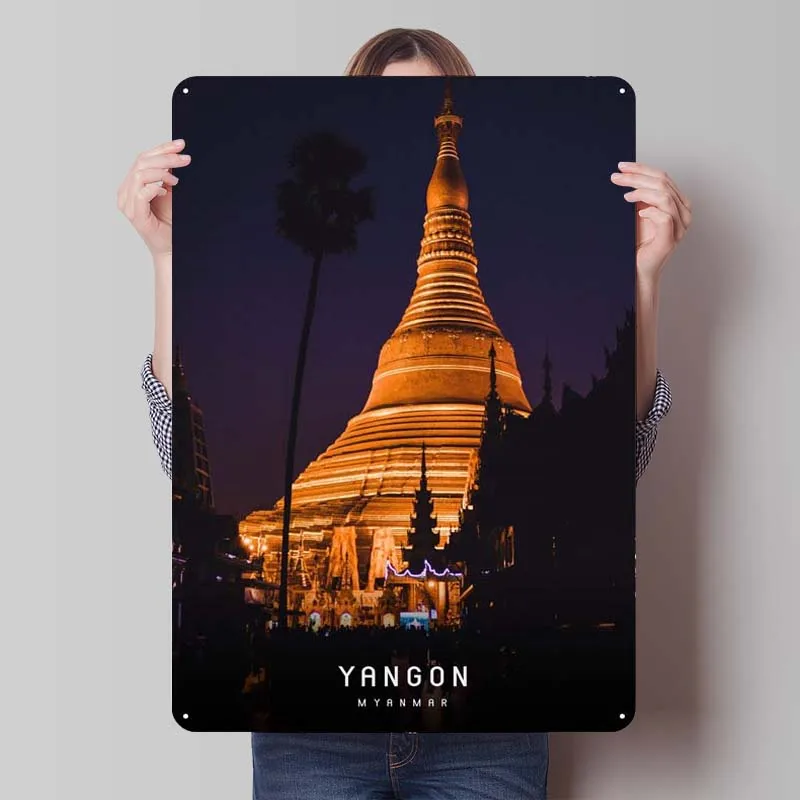 Yangon City Skyline Metal Poster Art of Murals Vintage Metal Tin Sign for Wall Art Decoration Coffee Bar Gaming Room Decoration