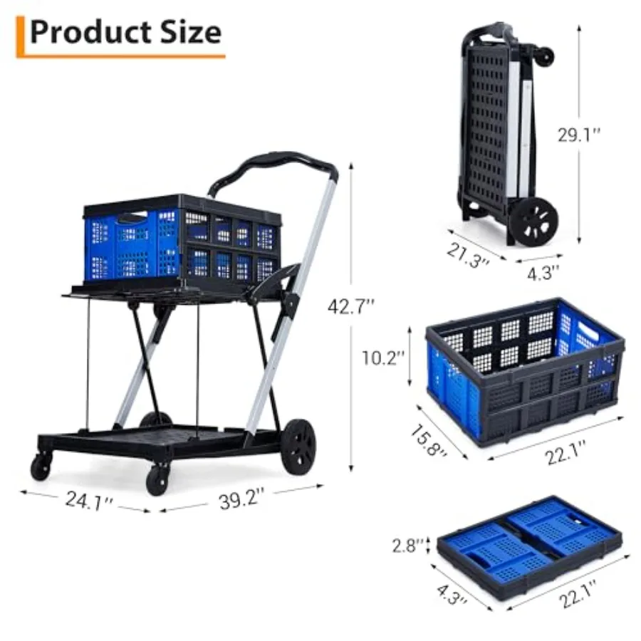 2-Tier Folding Shopping Cart with Wheels, Collapsible Grocery Cart with Removable Crate, Portable Shopping Trolley for Home, Gr