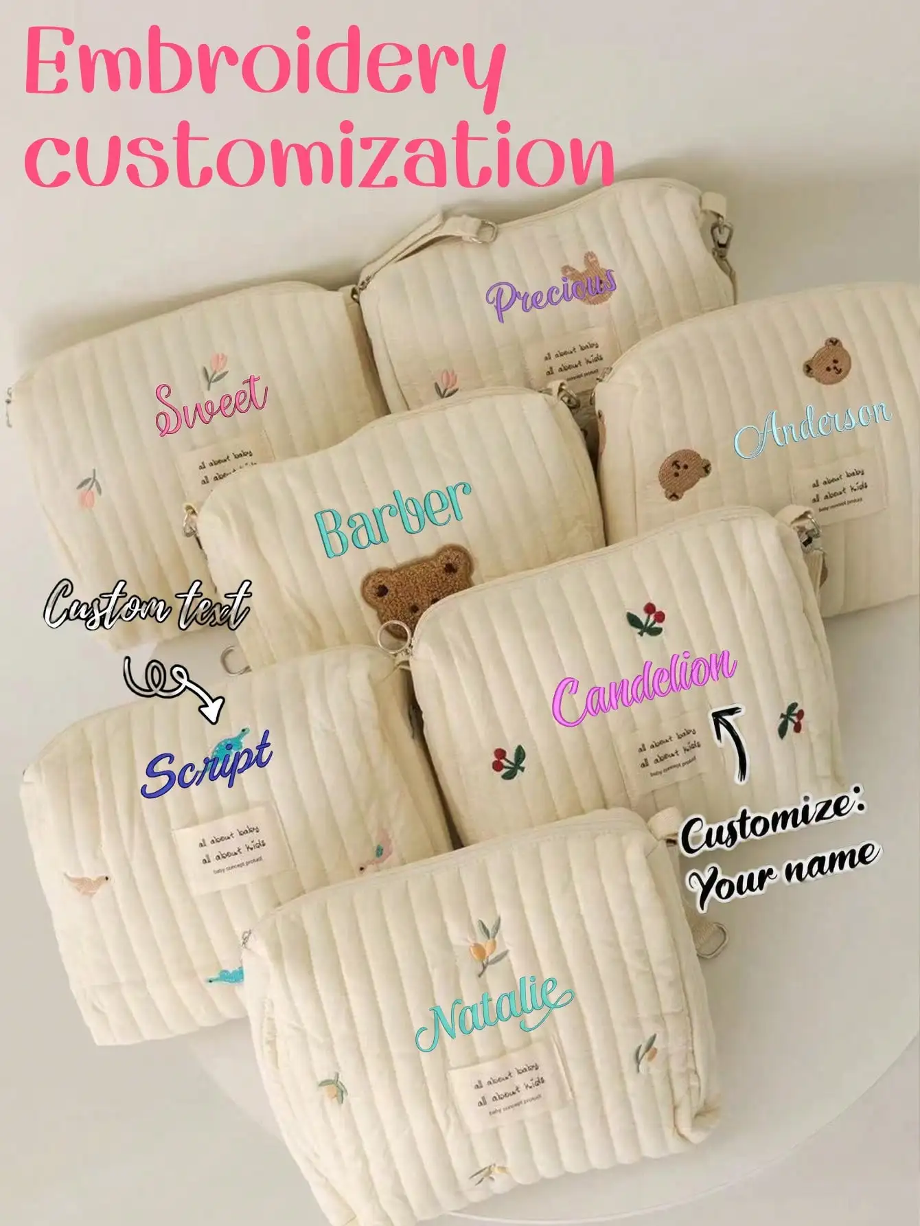 Custom Name Embroidery Baby Diaper Bag Quilted Storage Pouch Cute Bear Cosmetic Bag customize Mommy Organizer Gift