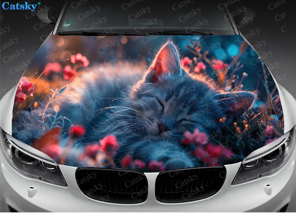 Cat with Nature Scene Car Hood Decal Stickers Wrap Vinyl Film Engine Cover Decals Sticker Car Hood Protective Film