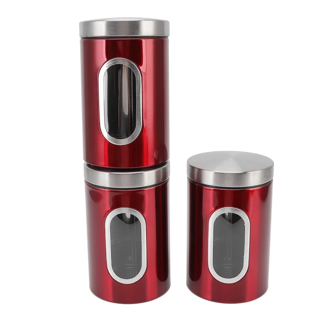 3PCS Set Reusable Food Storage Jars Transparent Windows Colorful Kitchen Storage Containers Durable Stainless Steel Containers