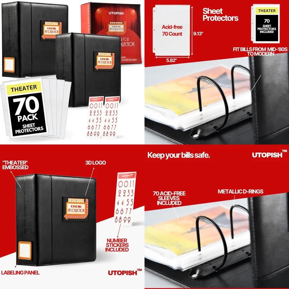 

Большие держатели для театральных программ, 2 шт. в упаковке с 70 рукавами и наклейками с нумерацией для 4 демонстрационных купюр