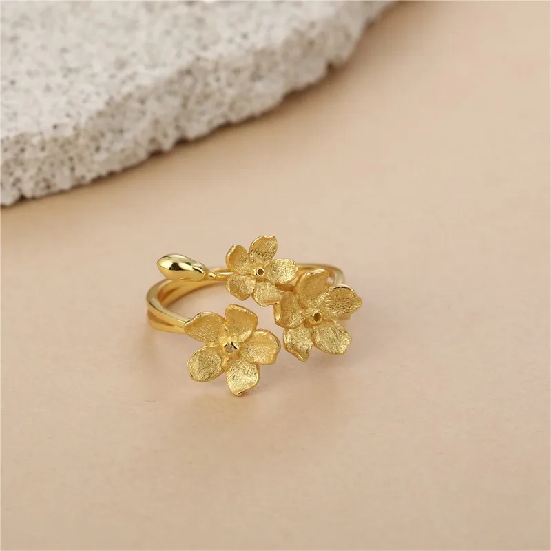 New design cherry blossom wire drawing flower rings for women artistic retro silver 925 ring Jewellery accessory Adjustable