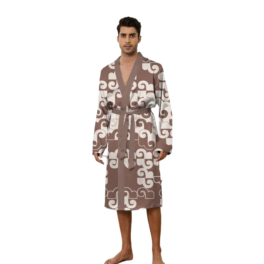 

2025 New luxury men's long sleeved robe with digital print thin design quick drying skin friendly men bathrobe Long Nightgown